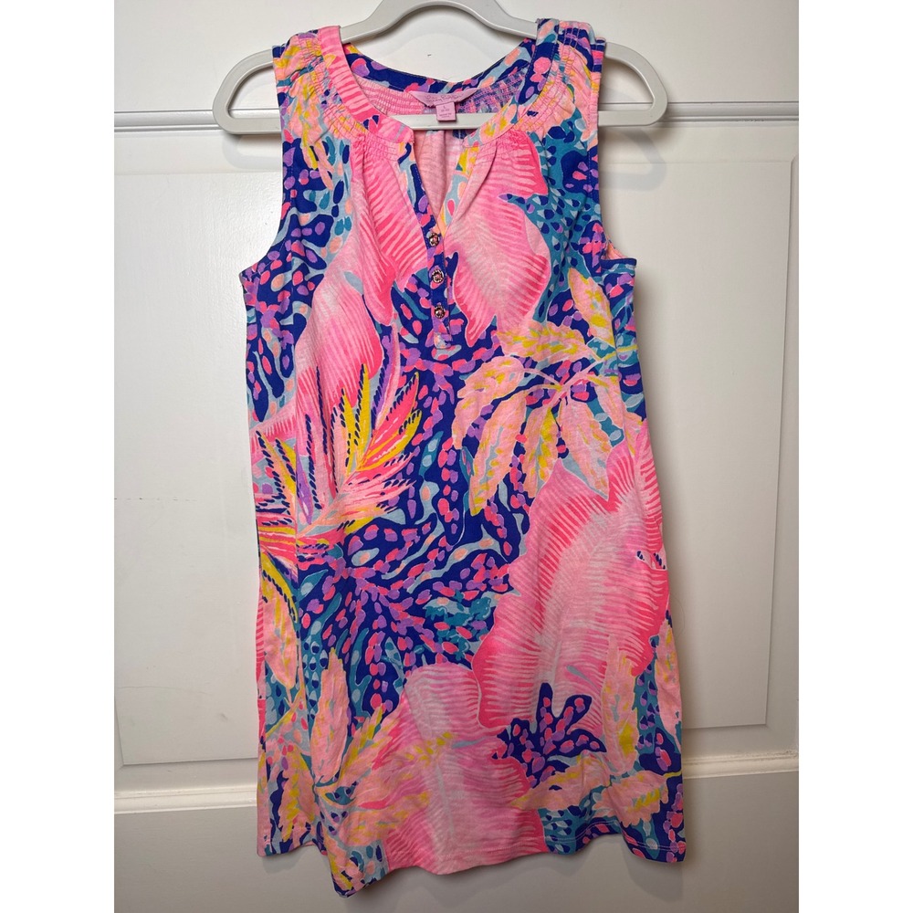 Lilly Pulitzer Kids Pink Blue Tropical Palm Print Cotton Shift Dress Large 8-10